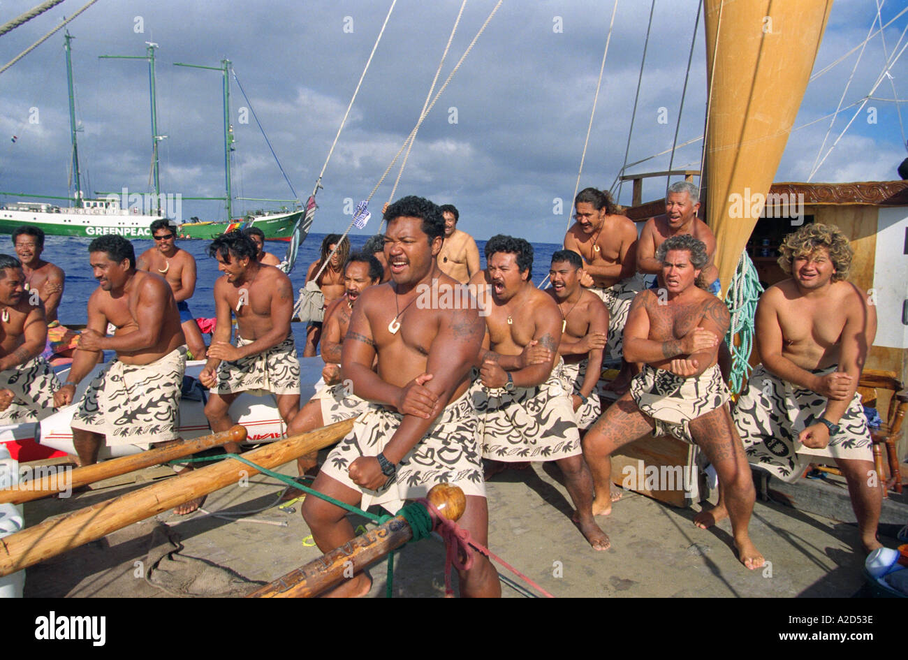 Cook Islanders perform a Haka at French Nuclear testing site at Mururoa in South pacific Stock Photo