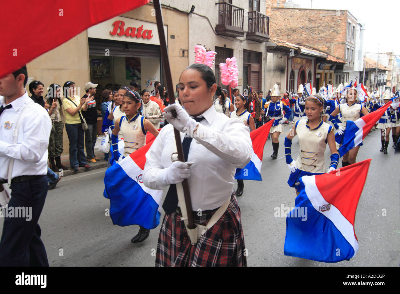an high school marching band during a carnival parade, Colombia Stock