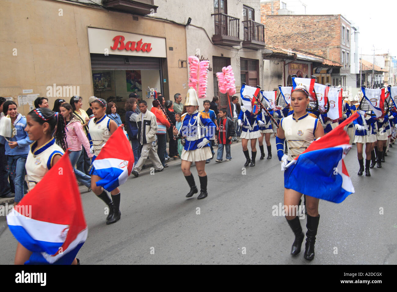 an high school marching band during a carnival parade, Colombia Stock