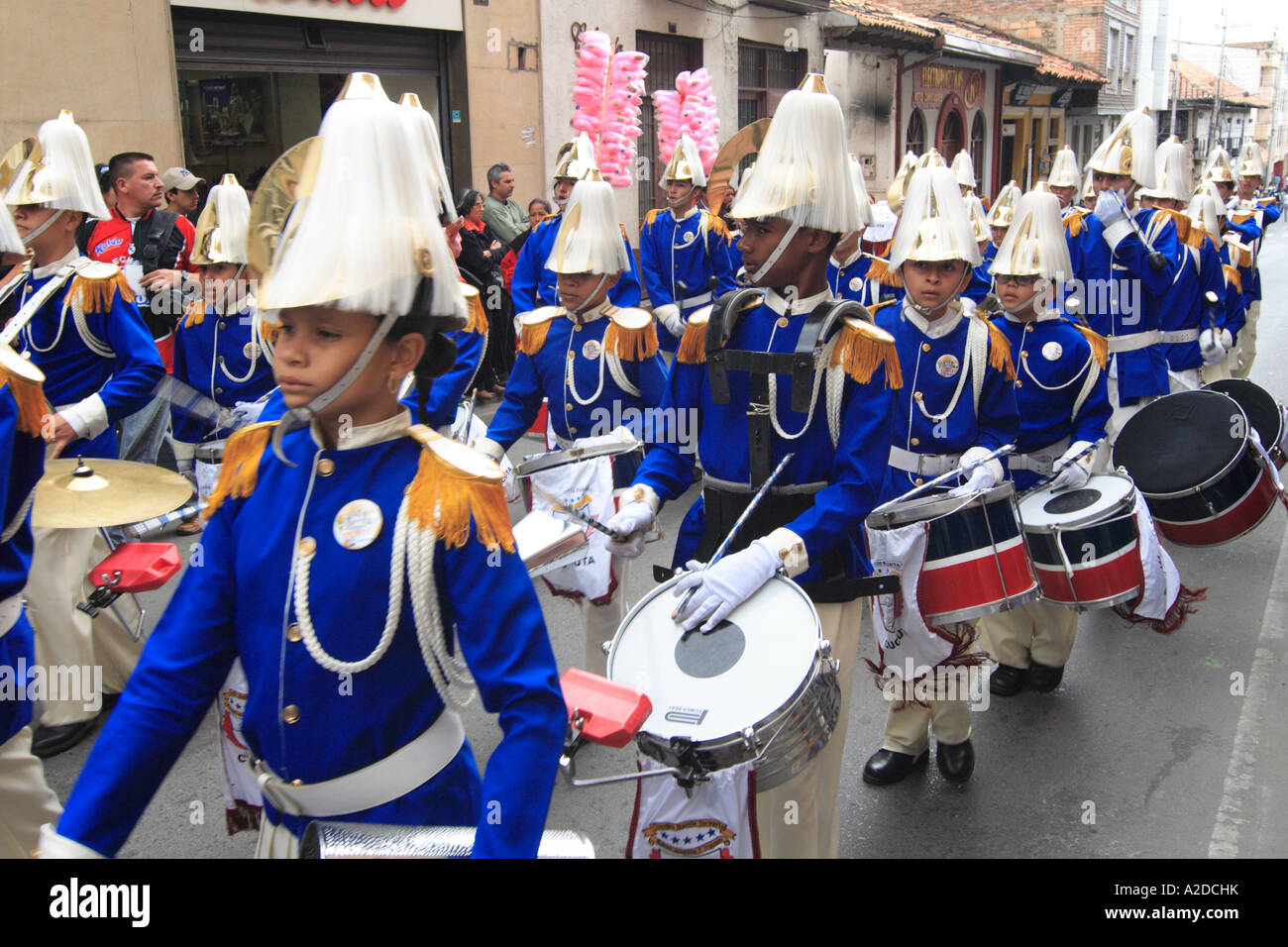 an high school marching band during a carnival parade, Colombia Stock