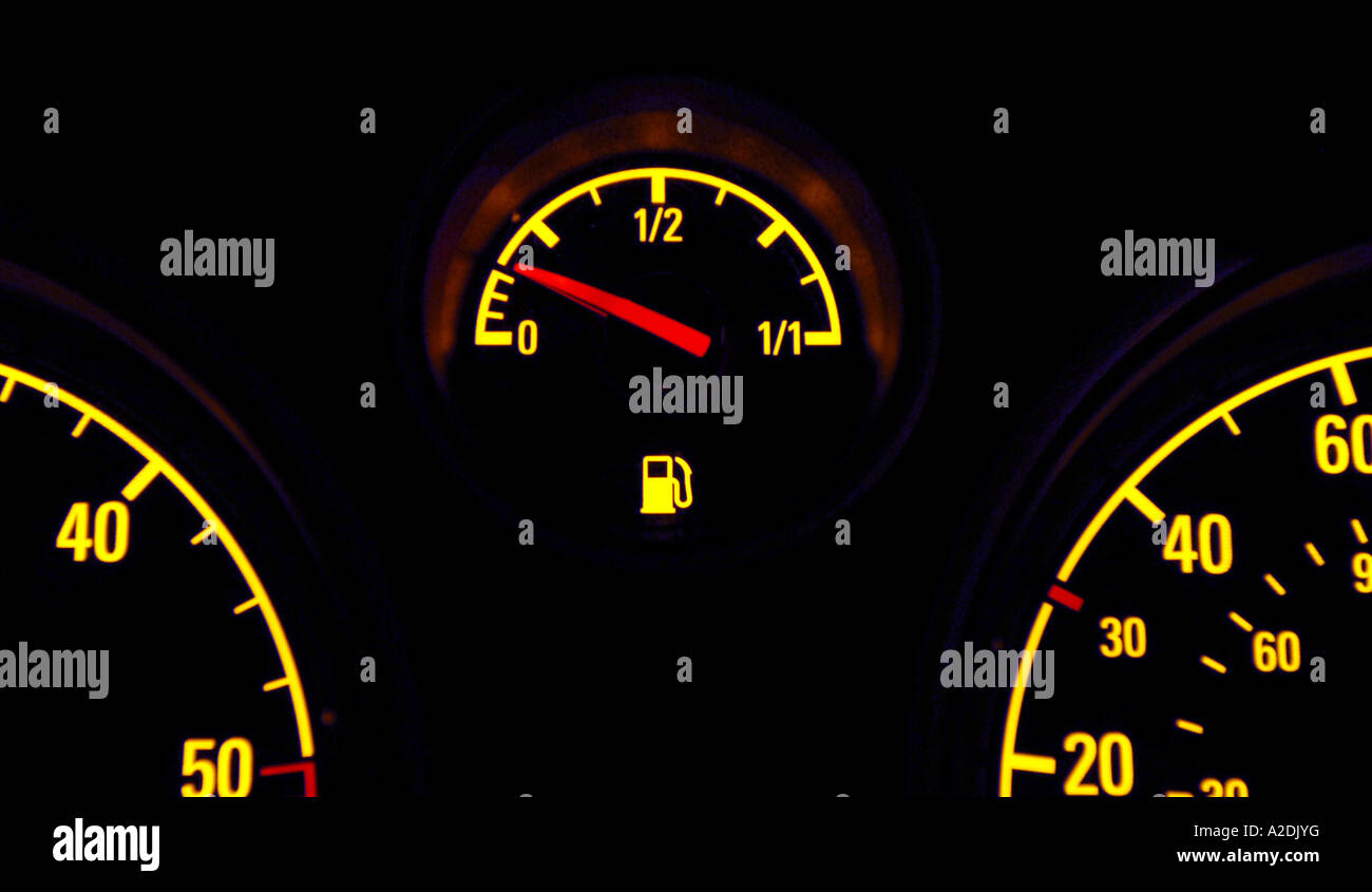 BRITISH SALOON CAR FUEL GAUGE NEEDLE SHOWING LOW FUEL LEVEL RE RISING