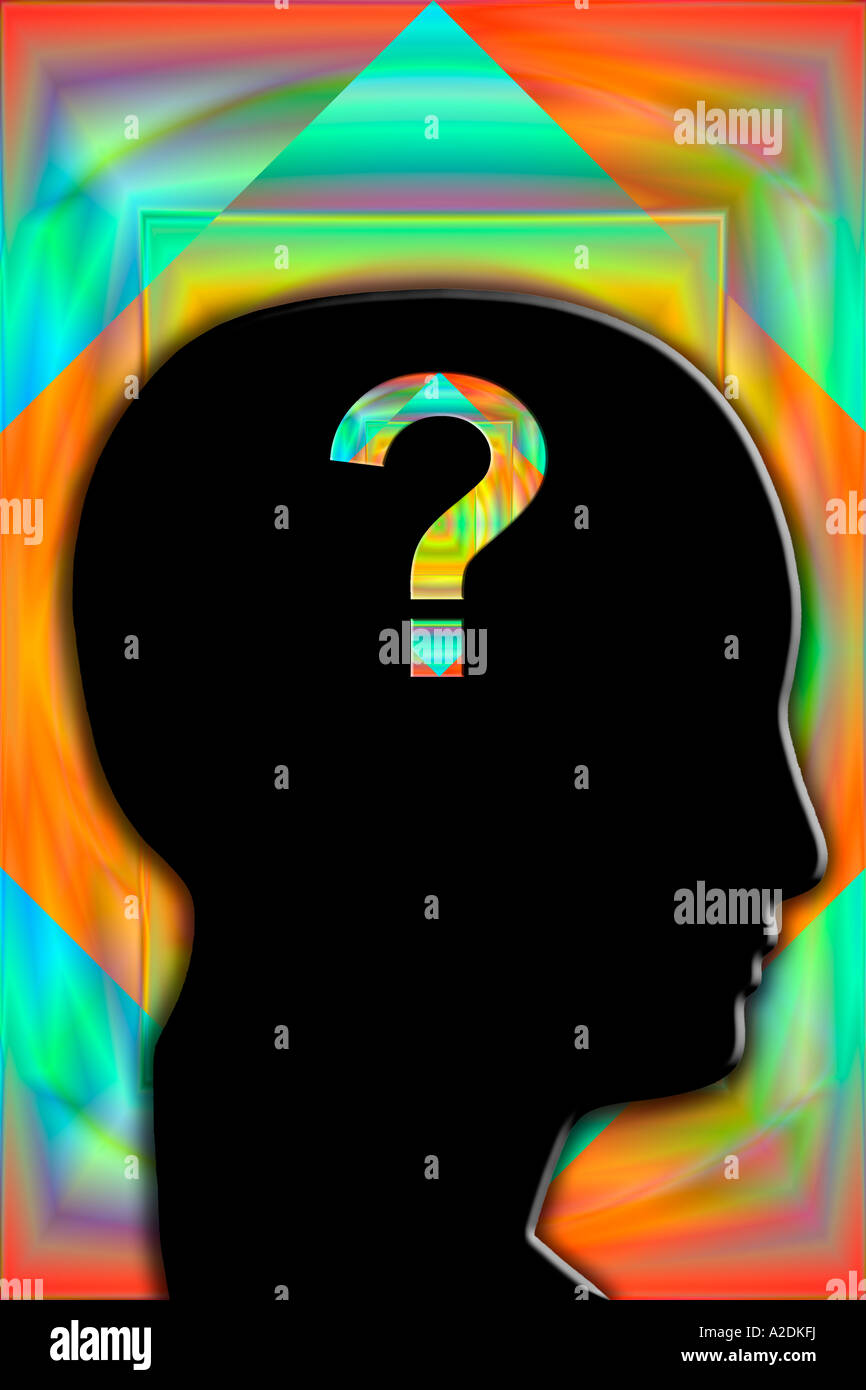 silhouette of a mans head with a question mark Stock Photo
