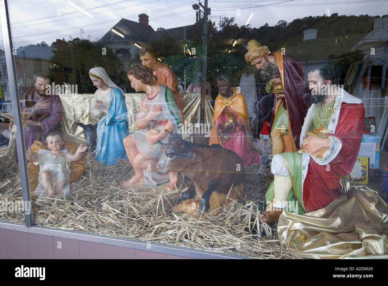 A nativity scene in a store window Stock Photo Alamy