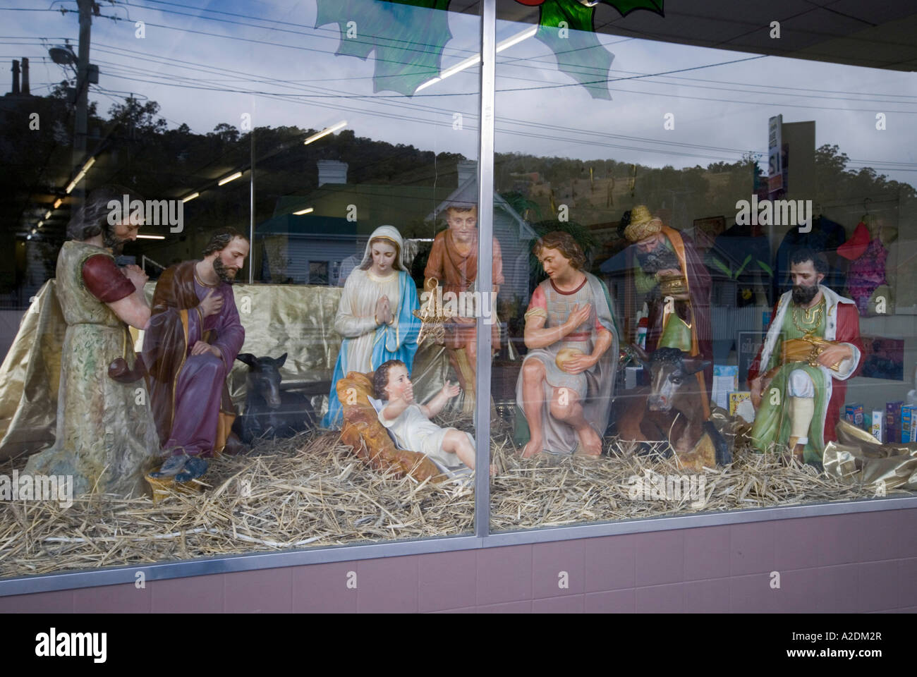 A nativity scene the window of a St Vincent de Paul charity op shop Stock Photo