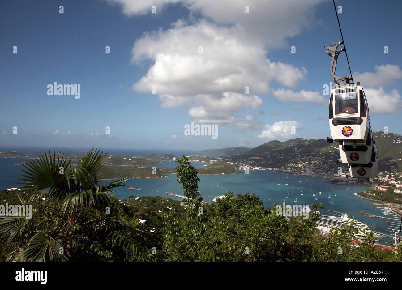 cable cars making the final ascent to paradise point on the St Thomas skyride in the background
