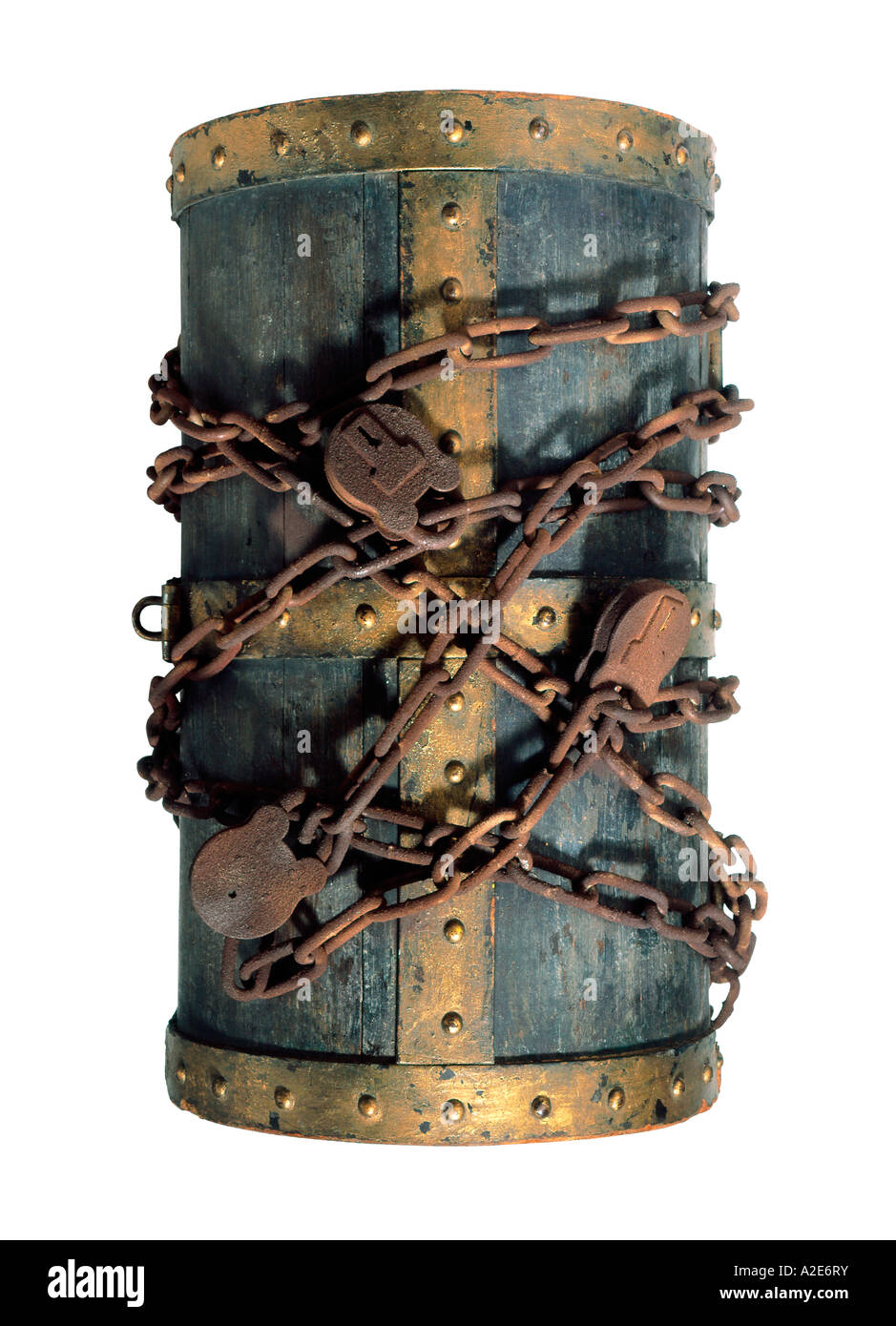 Treasure chest secured with rusty chains and padlocks on a white backgrounds. Studio image. Stock Photo