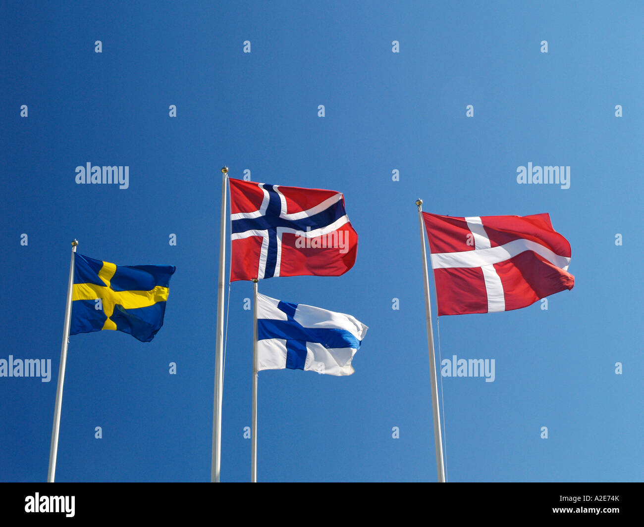 flags of the nordic countries Norway Denmark Sweden Finland Stock Photo