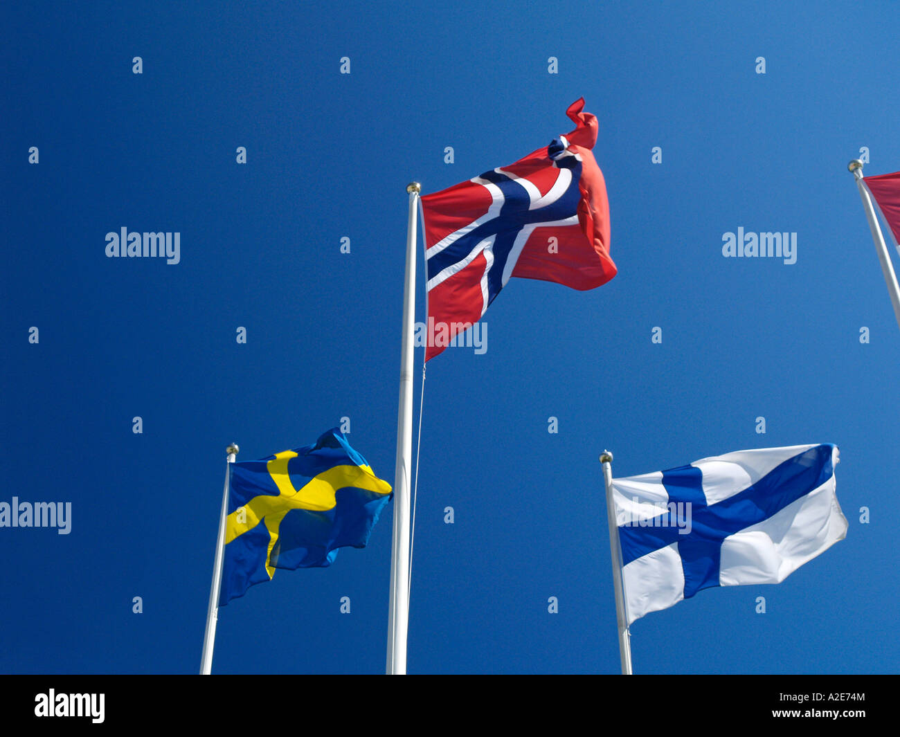 flags of the nordic countries, Norway, Sweden, Finland Stock Photo