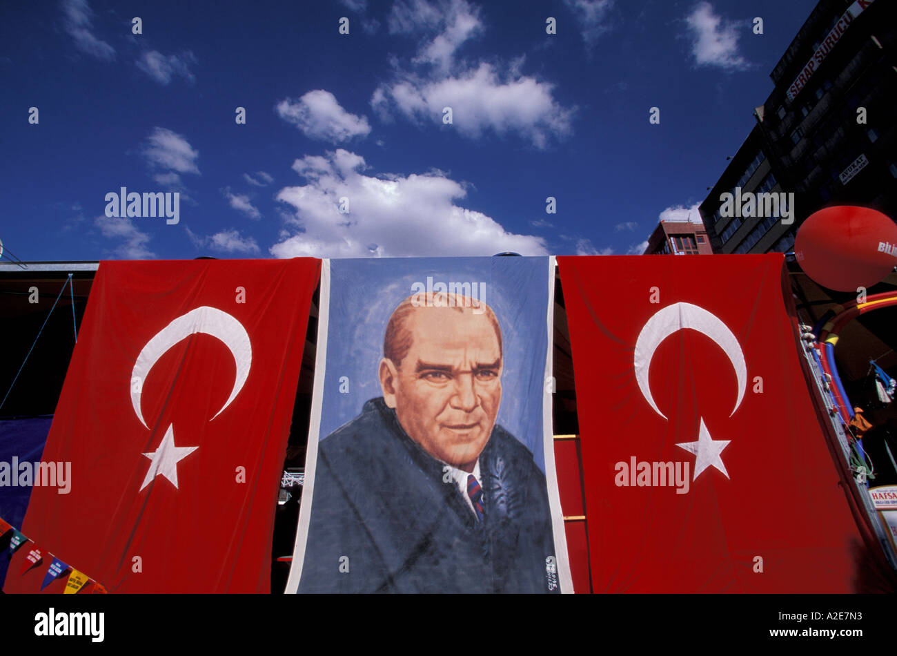 Europe, Turkey, Anatolia, Ankara, Ataturk Boulevard, Turkish flags and Ataturk posters Stock Photo