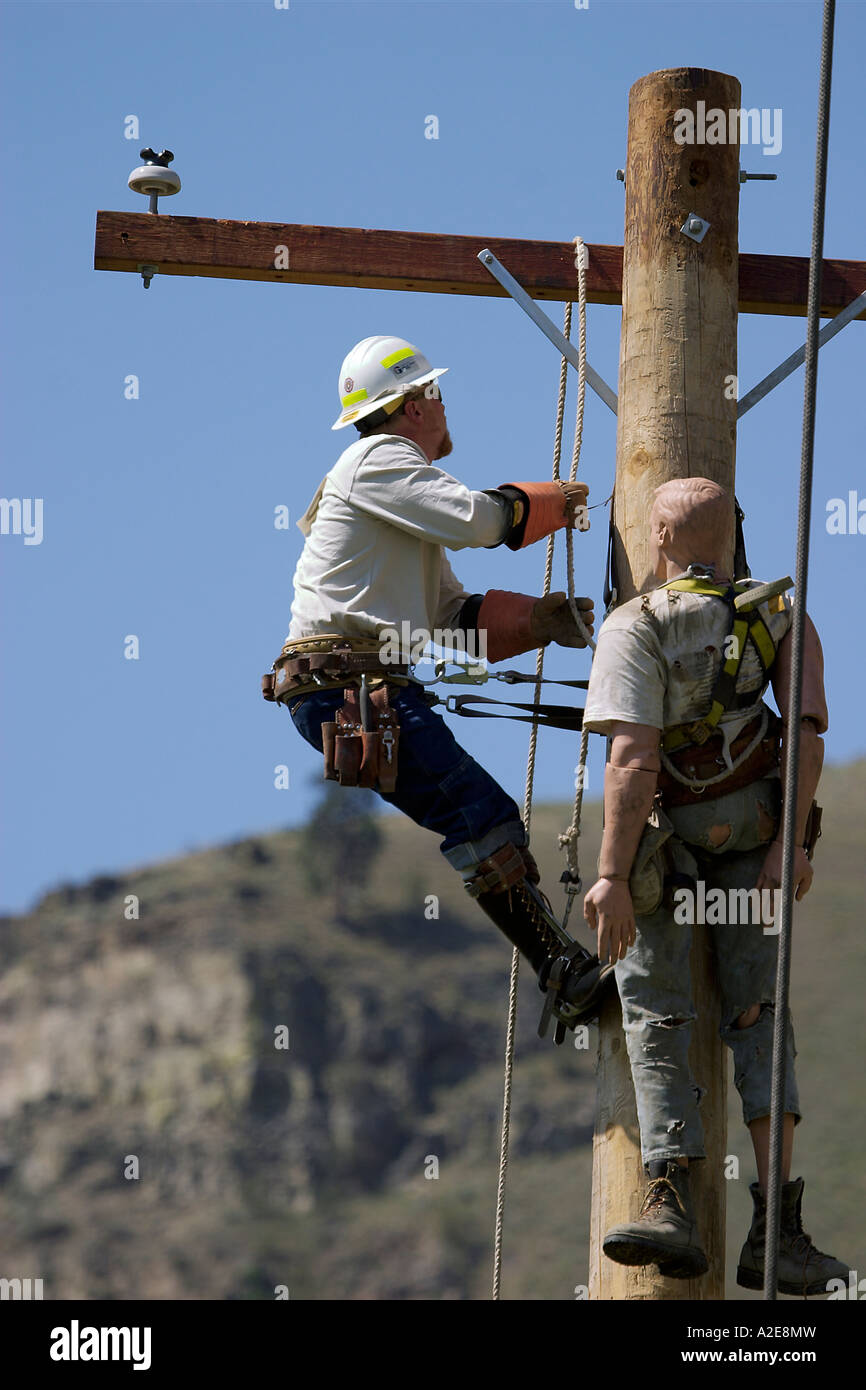 Photo of a lineman on a power pole at the Andrew York Lineman Rodeo ...