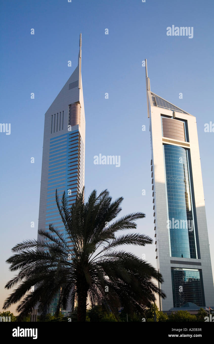 Dubai Sheikh Zayed Road skyscraper Emirates towers skyline Stock Photo