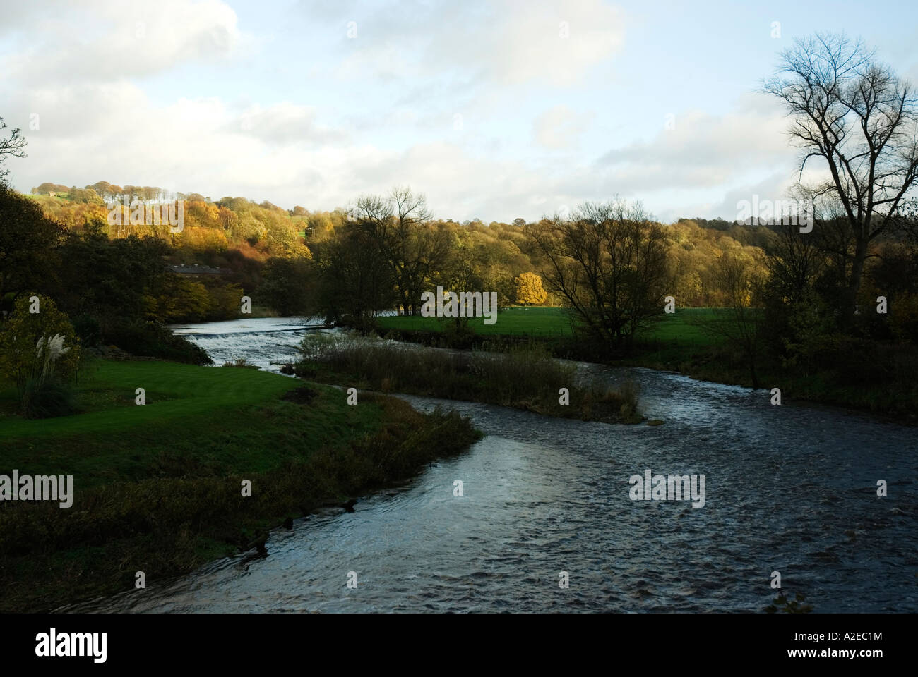 The River Calder at Whalley swollen by heavy rains. Stock Photo