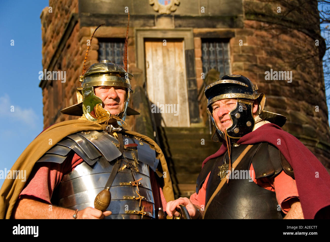 Roman Legionnaires in front of King Charles Tower, The City Walls, Chester, Cheshire, England, UK Stock Photo