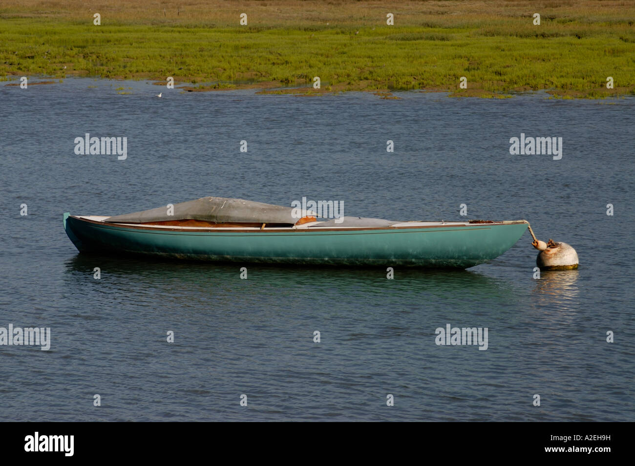 Green sailing boat with no mast moored in the tidal reaches of the Beaulieu River Stock Photo