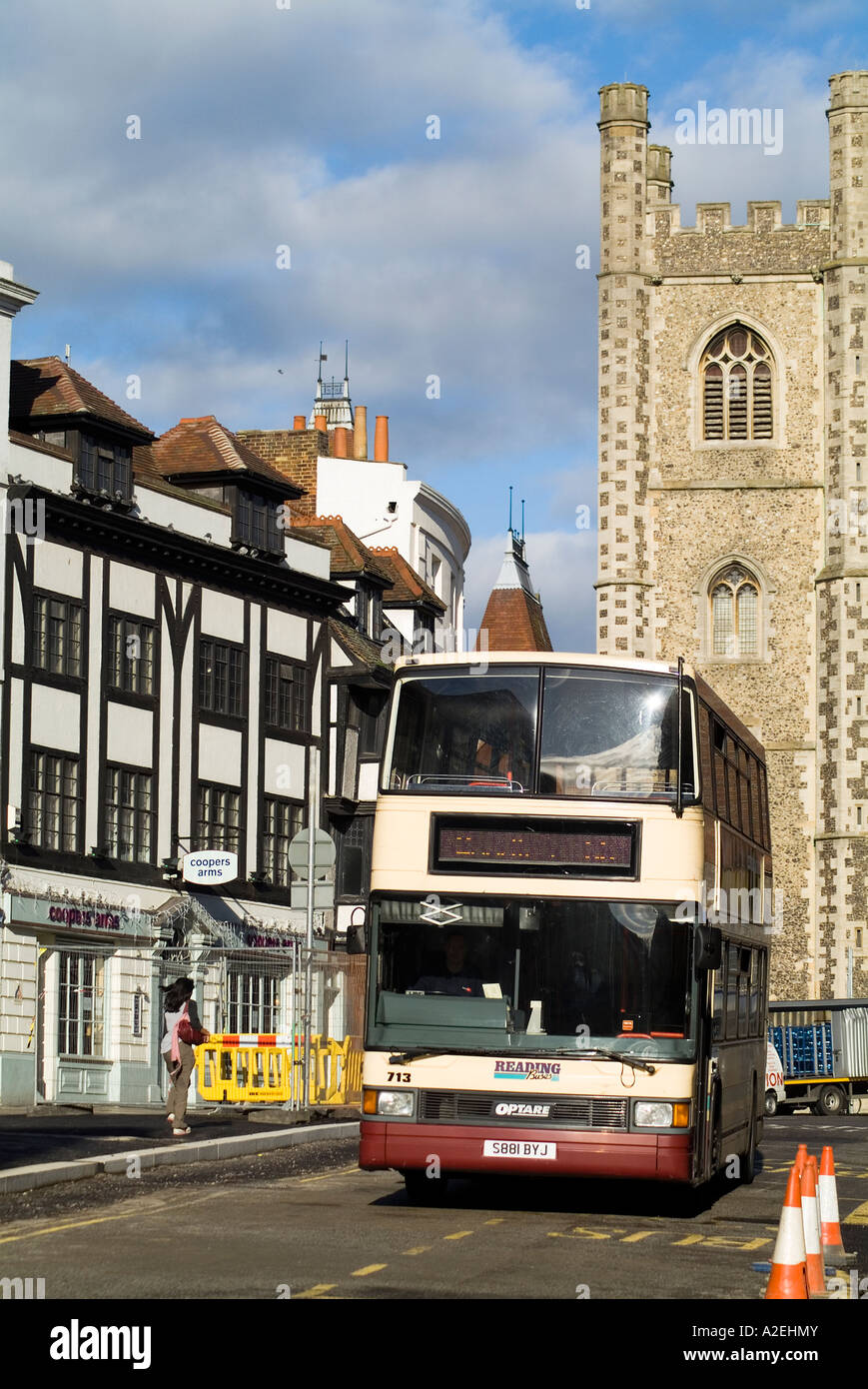 dh The Butter Market READING BERKSHIRE Reading doubledecker bus and SaintLaurance church tower transport uk Stock Photo