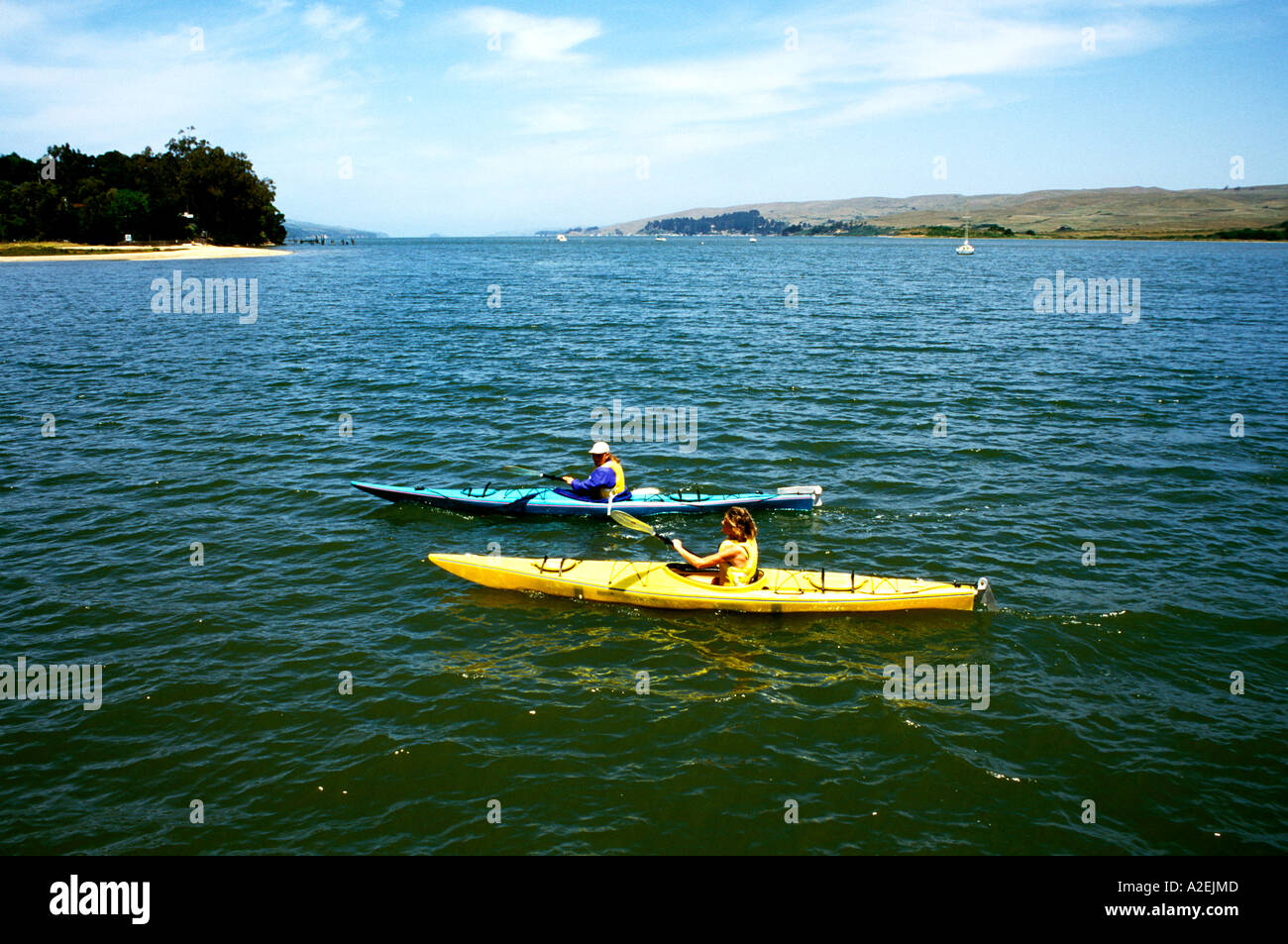 California Marin County Couple kayaking on Tomales Bay Stock Photo