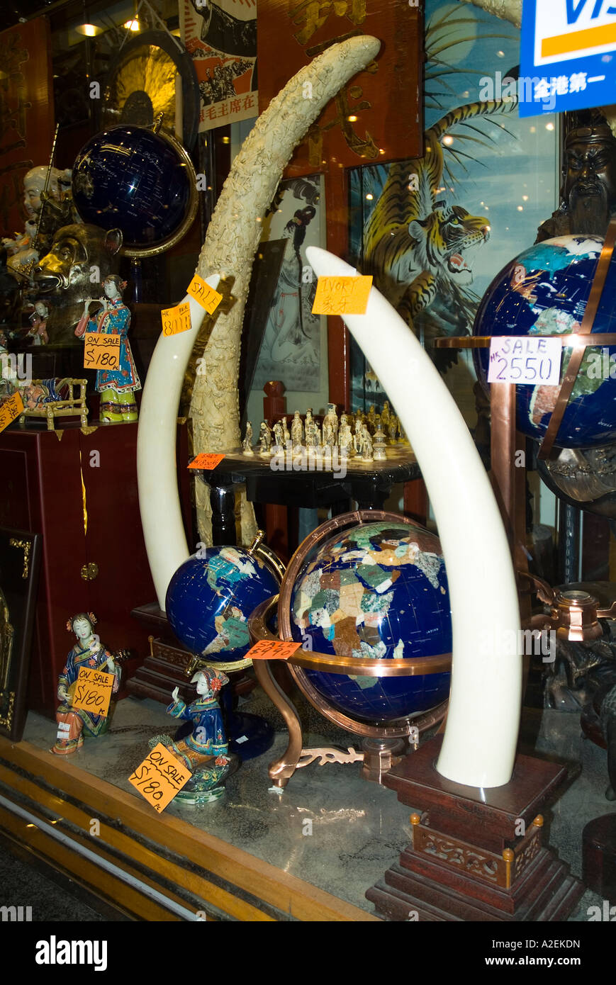 dh The Peak Galleria shops HK VICTORIA PEAK HONG KONG ASIA Chinese Ivory trade tusks on sale in window display shop china souvenir store Stock Photo