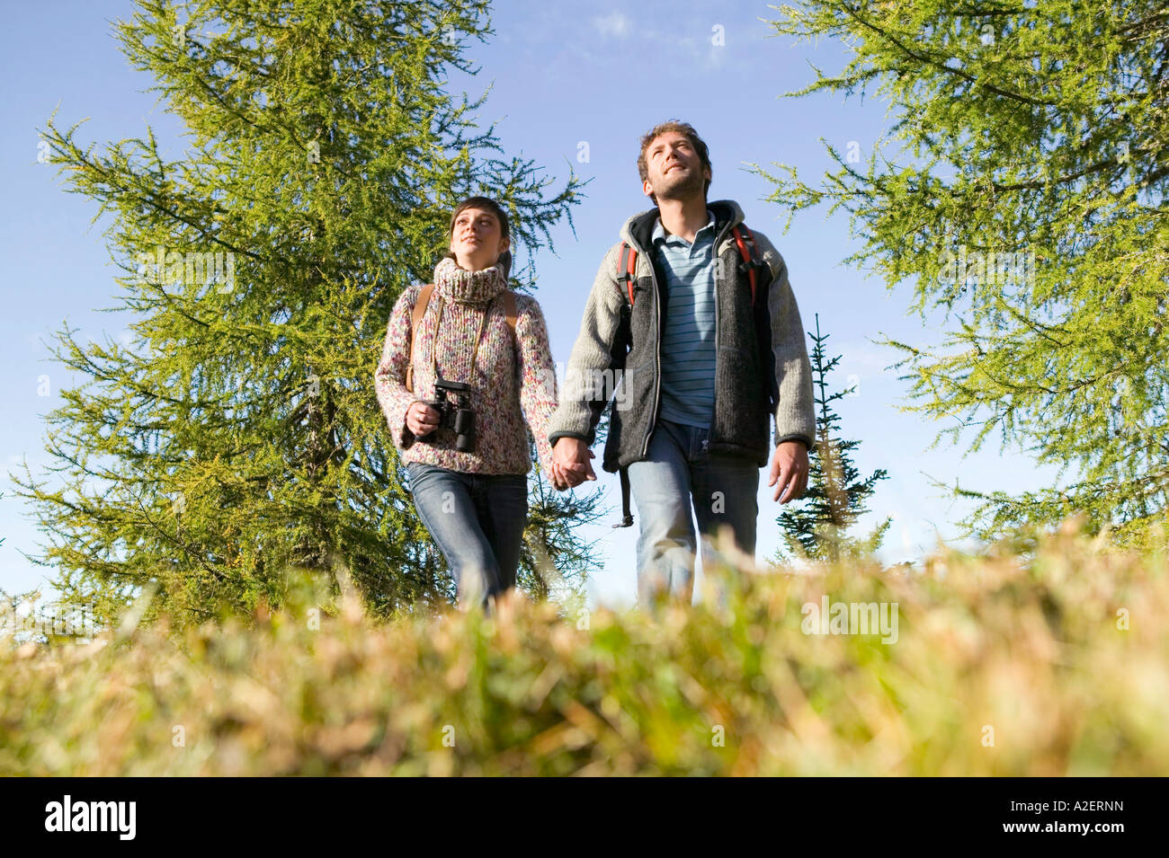 Young couple walking in meadow holding hands Stock Photo