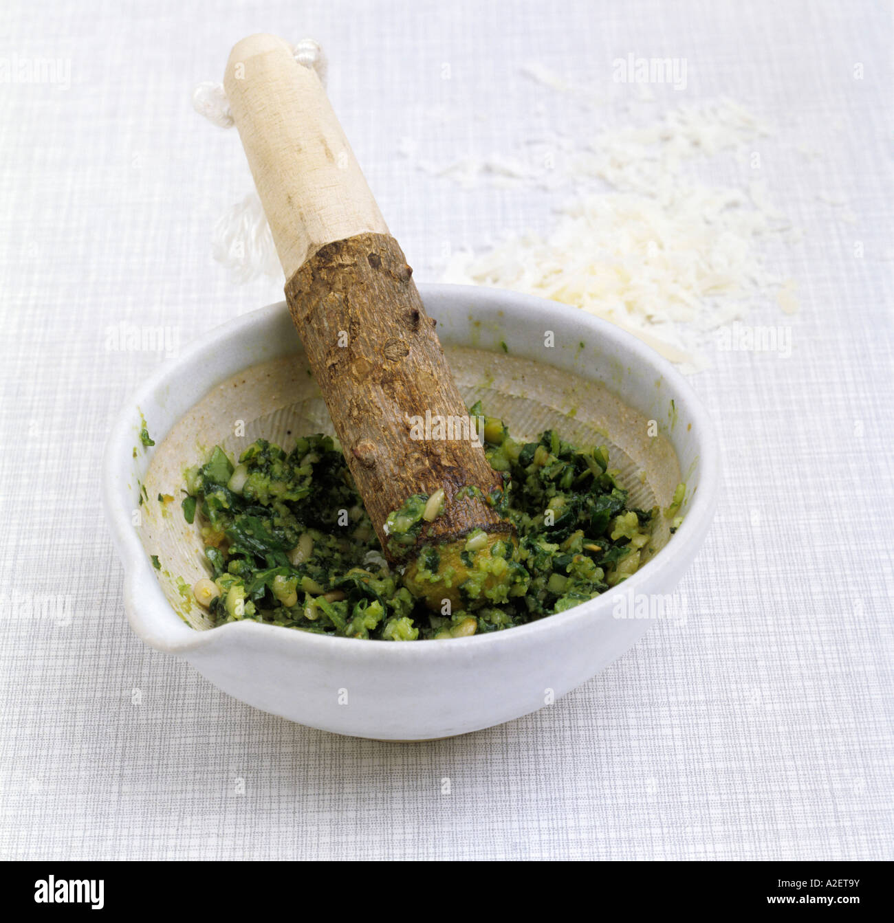 Green pesto in mortar Stock Photo Alamy
