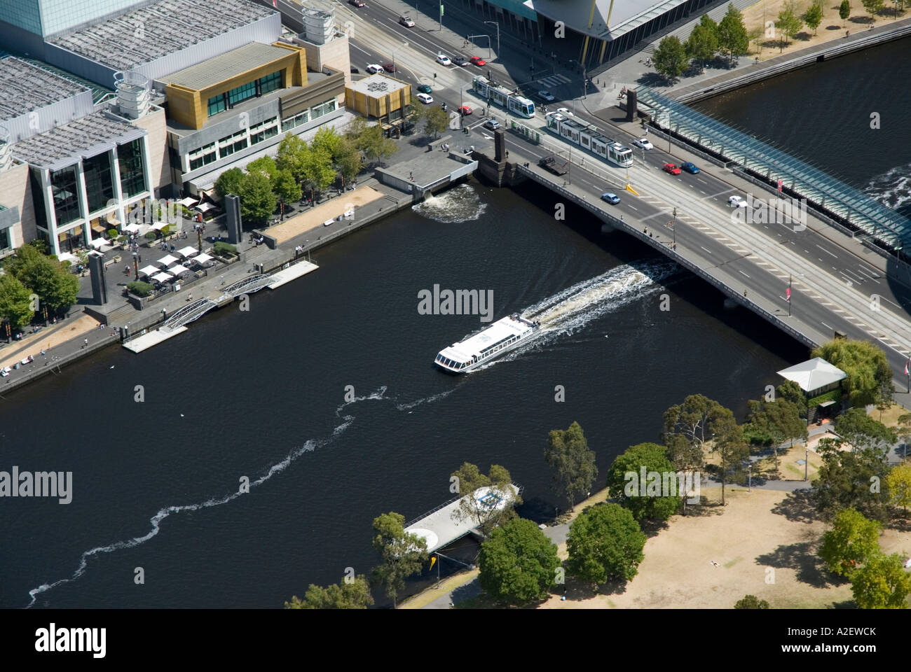 Southbank and cruise boat on Yarra River viewed from the Melbourne Observation Deck The Rialto