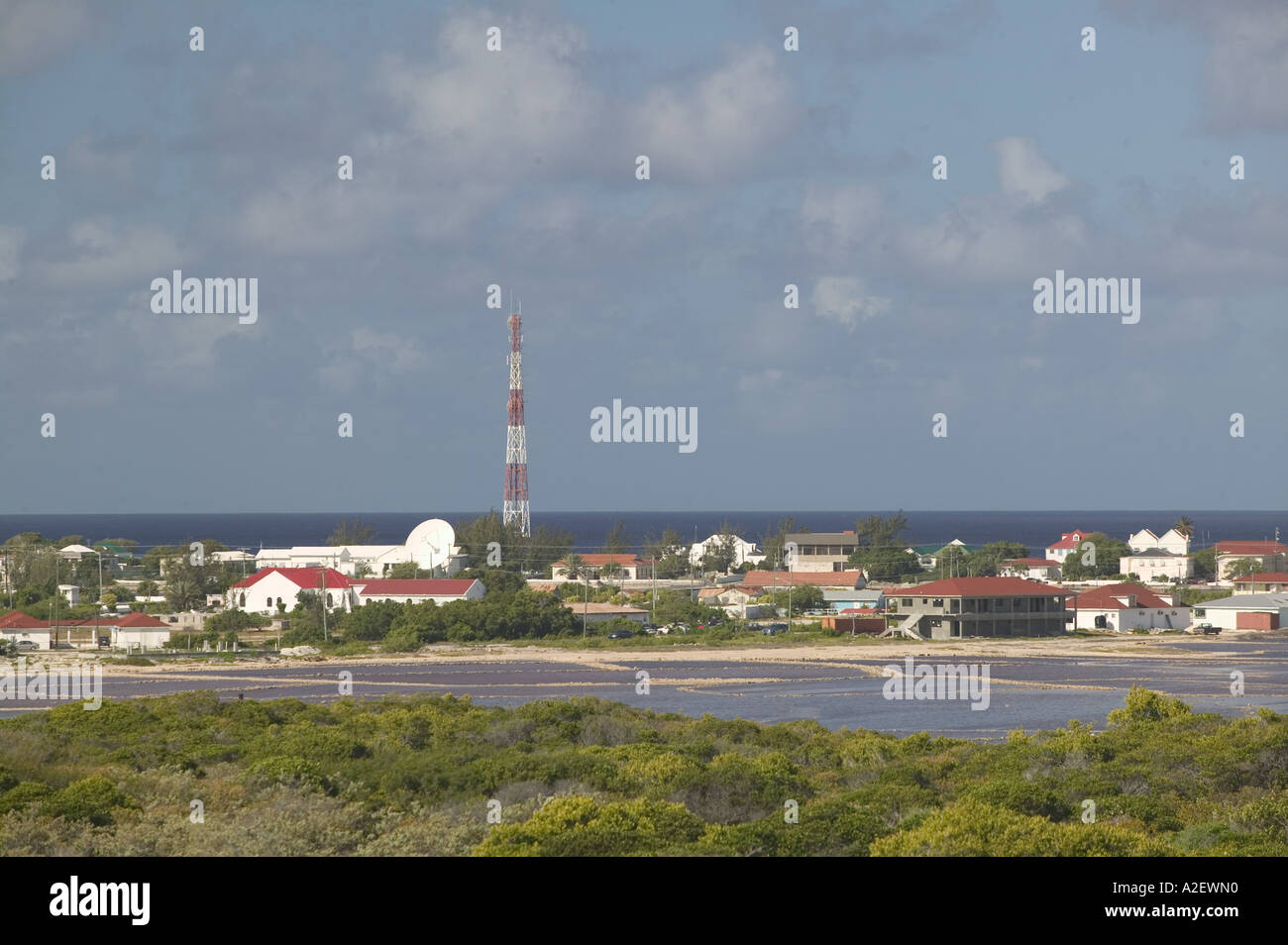 Caribbean, TURKS & CAICOS, Grand Turk Island, Cockburn Town: Town View with Salina (Salt Pond) from Colonel Murray's Hill Stock Photo