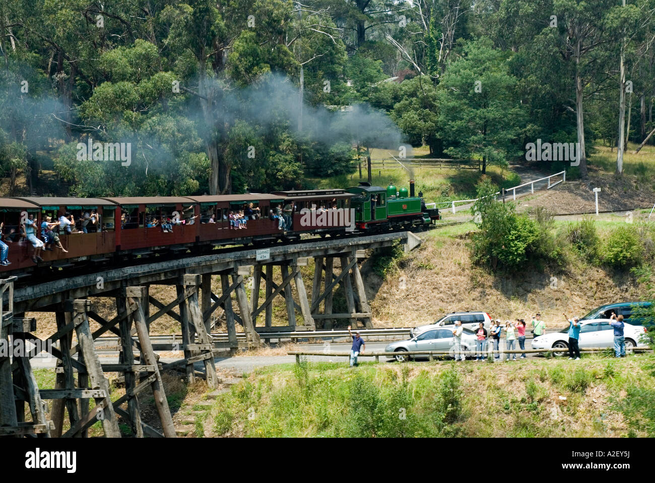 Puffing Billy Railway crosses wooden trestle bridge Dandenong Ranges National Park Victoria
