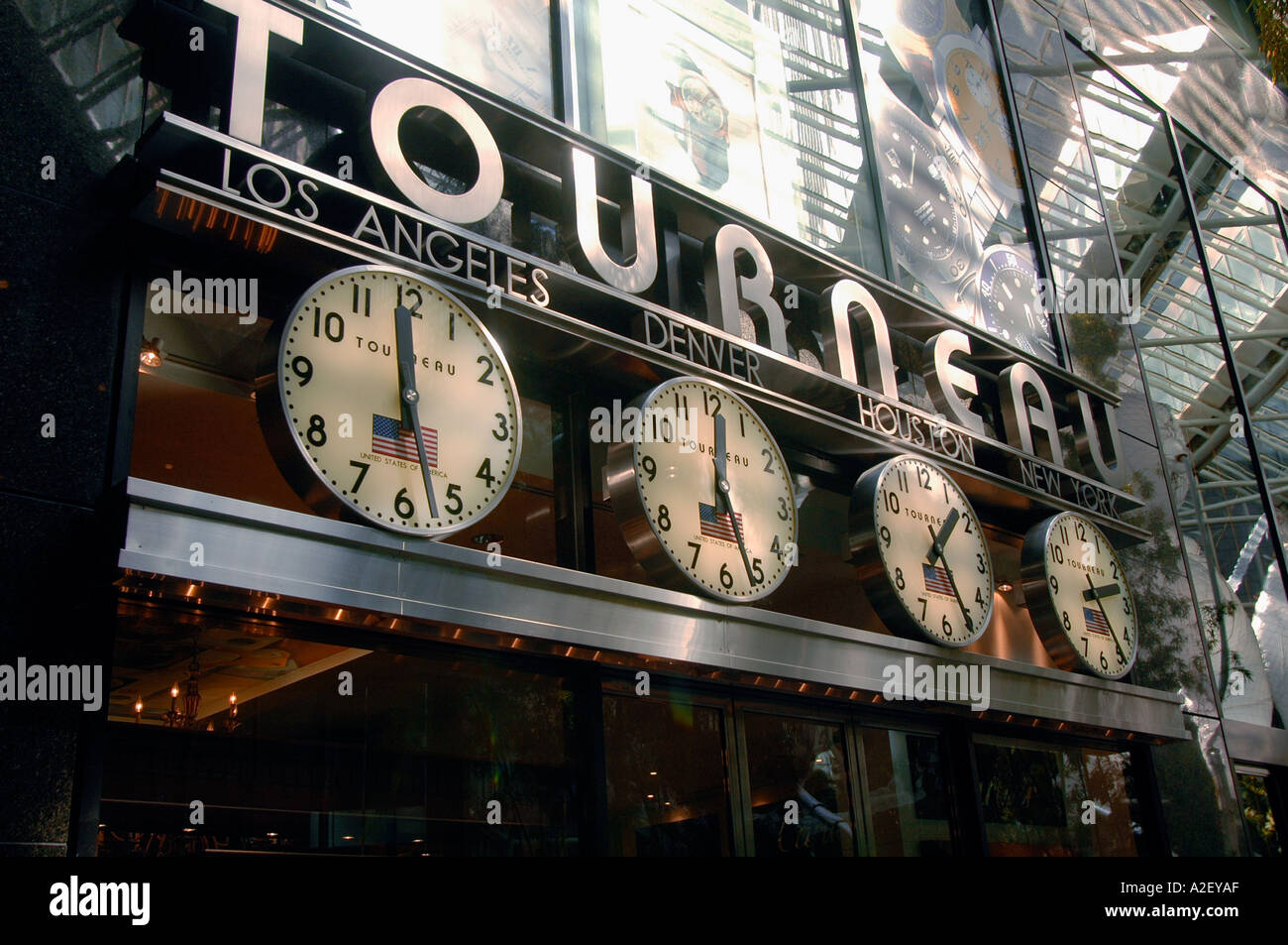 Clocks showing times in various parts of the world at the Tourneau