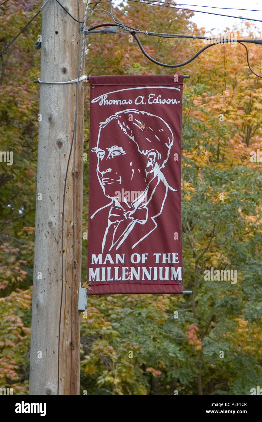 P32 134 Milan Ohio - Thomas A. Edison Man Of The Millennium Sign on lamp post 2 Stock Photo