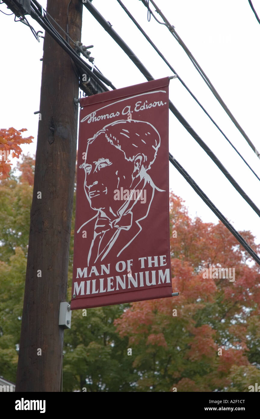 P32 135 Milan Ohio - Thomas A. Edison Man Of The Millennium Sign on lamp post Stock Photo