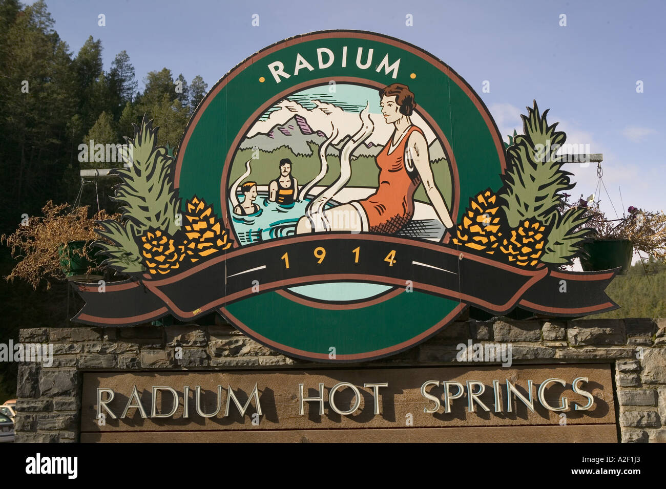 CANADA, British Columbia, The RockiesVillage of Radium Hot Springs: Resort Sign Stock Photo