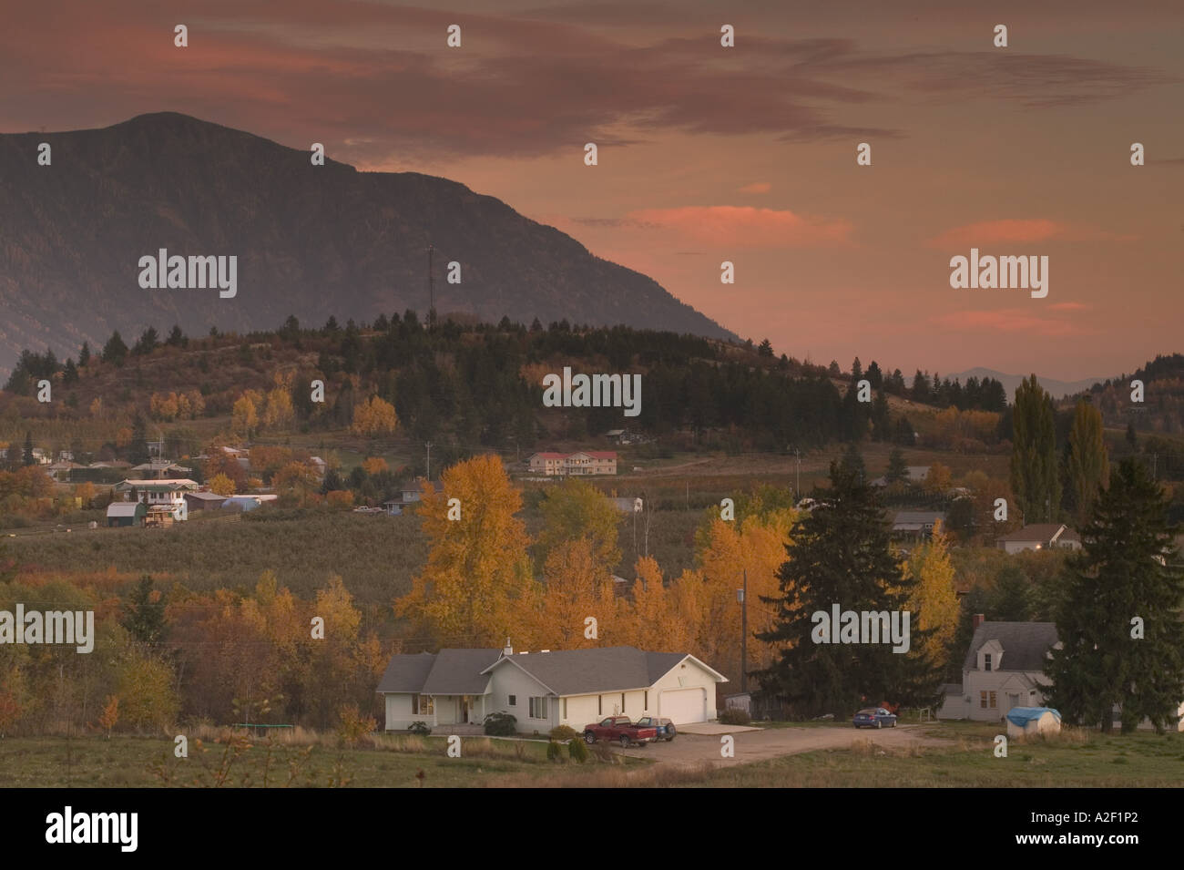 CANADA, British Columbia, Creston. Fruit Farming Town at Sunset Stock