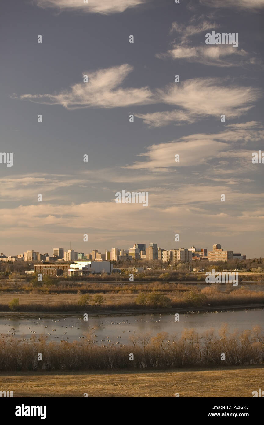 Canada, Saskatchewan, Regina: City Skyline with Wascana Lake from Wascana Hill Overlook / Late Afternoon Stock Photo