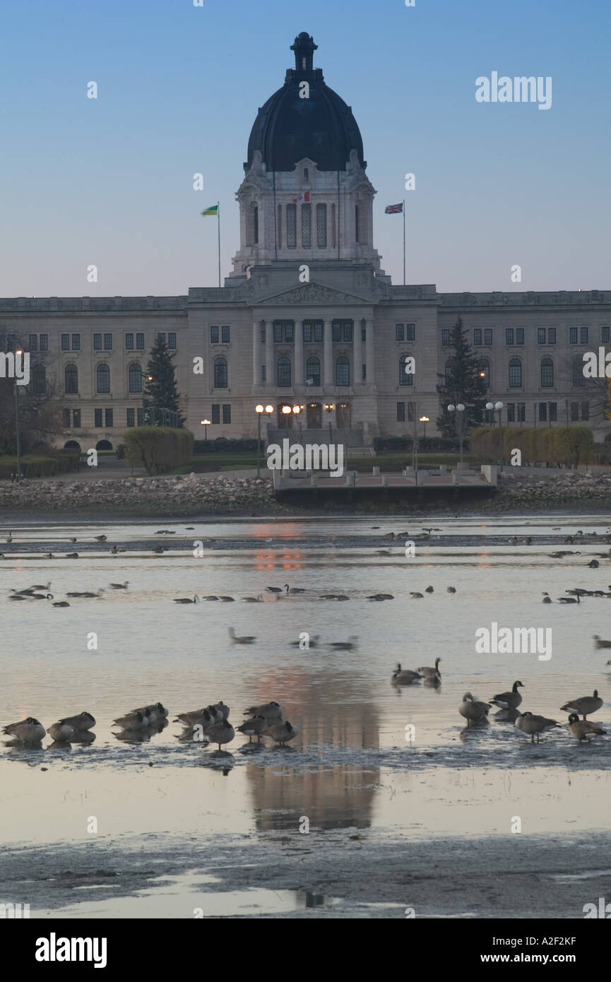 Canada, Saskatchewan, Regina: Provincial Legislature Building / Dawn with Migrating Birds in Wascana Lake Stock Photo
