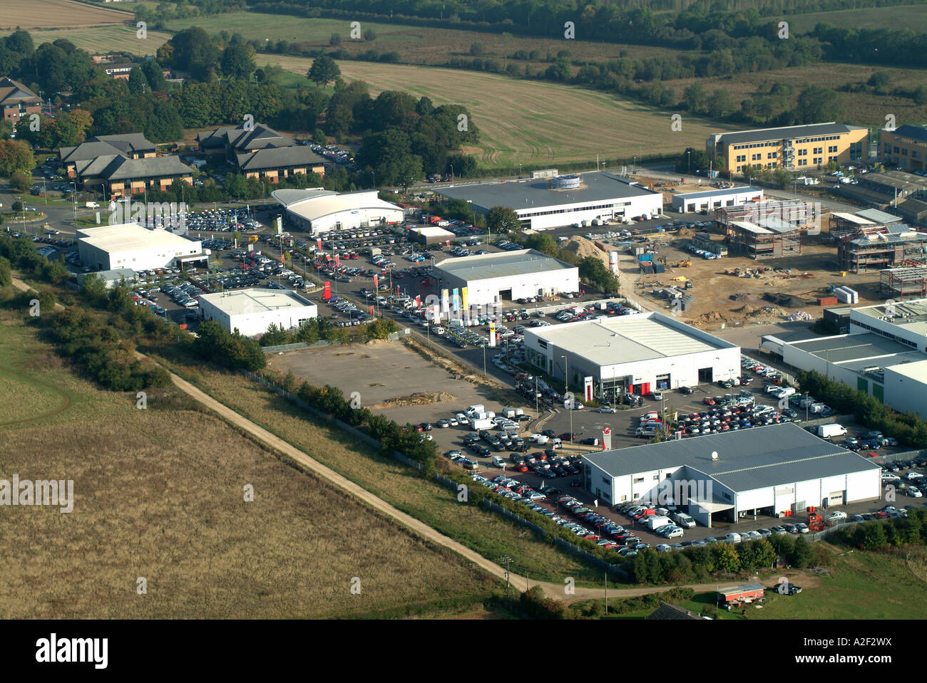 Aerial view of Oxford Motor Park, Kidlington, Oxfordshire, England, UK