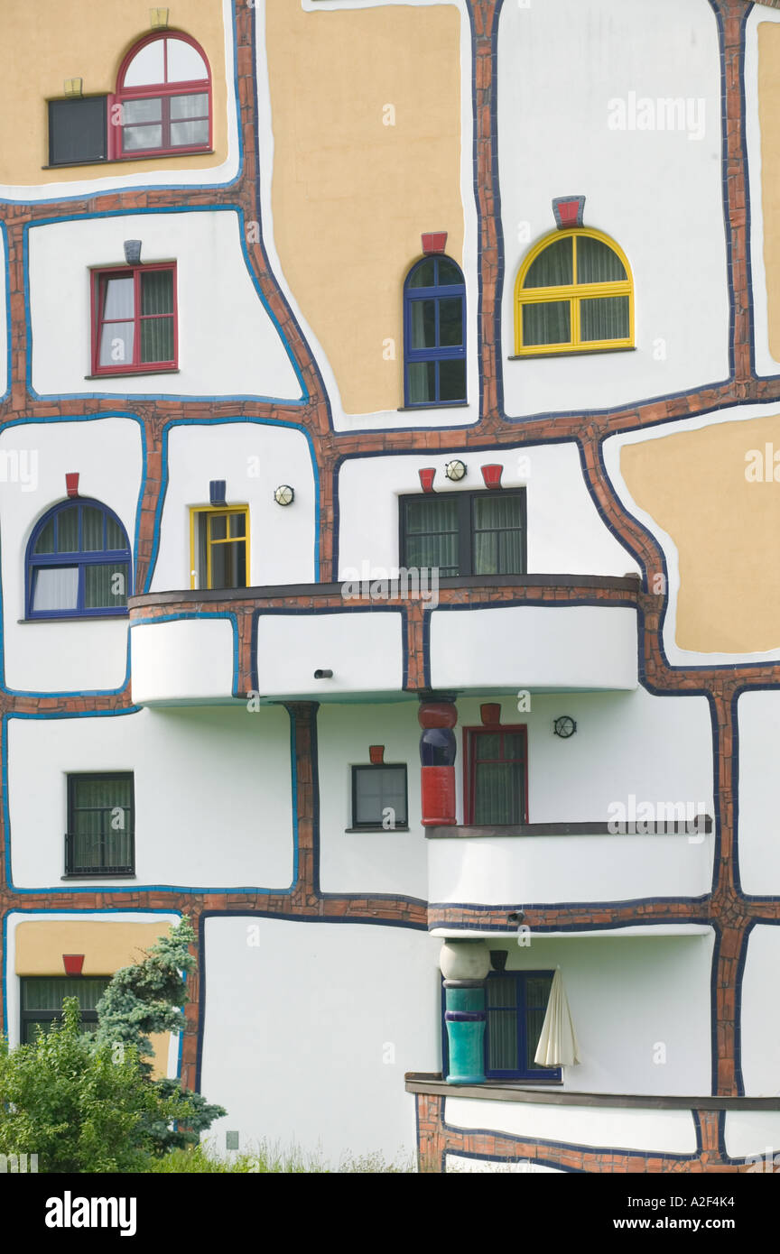 Austria, Styria, Stiermark. Rogner, Bad Blumau Hotel (b.1997) by Friedens Reich Hundertwasser, Window Stock Photo