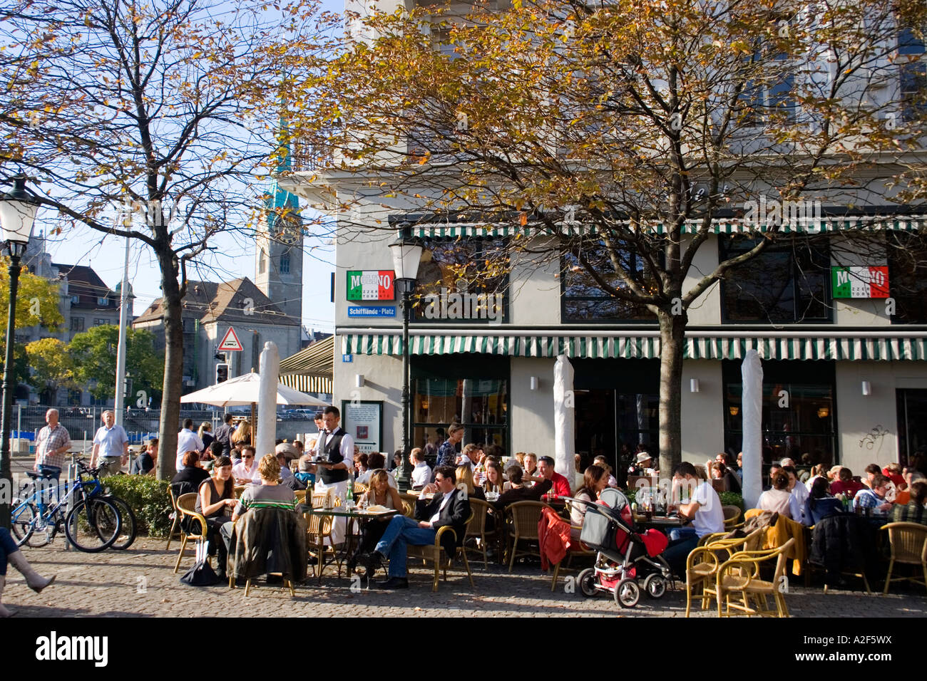 Switzerland Zurich Cafe Molino street cafe background Fraumunster Stock Photo