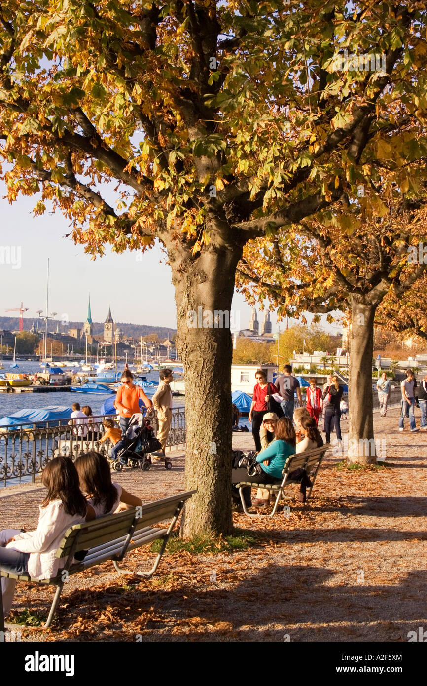 Switzerland Zuerich Zurich lake promenade in autumn people Stock Photo