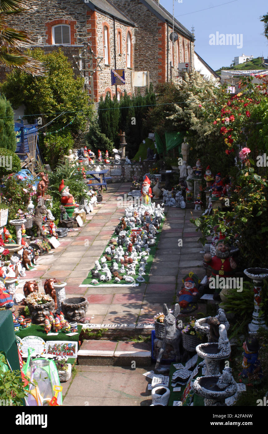 garden gnomes displayed for sale, Mevagissey, Cornwall, England, UK