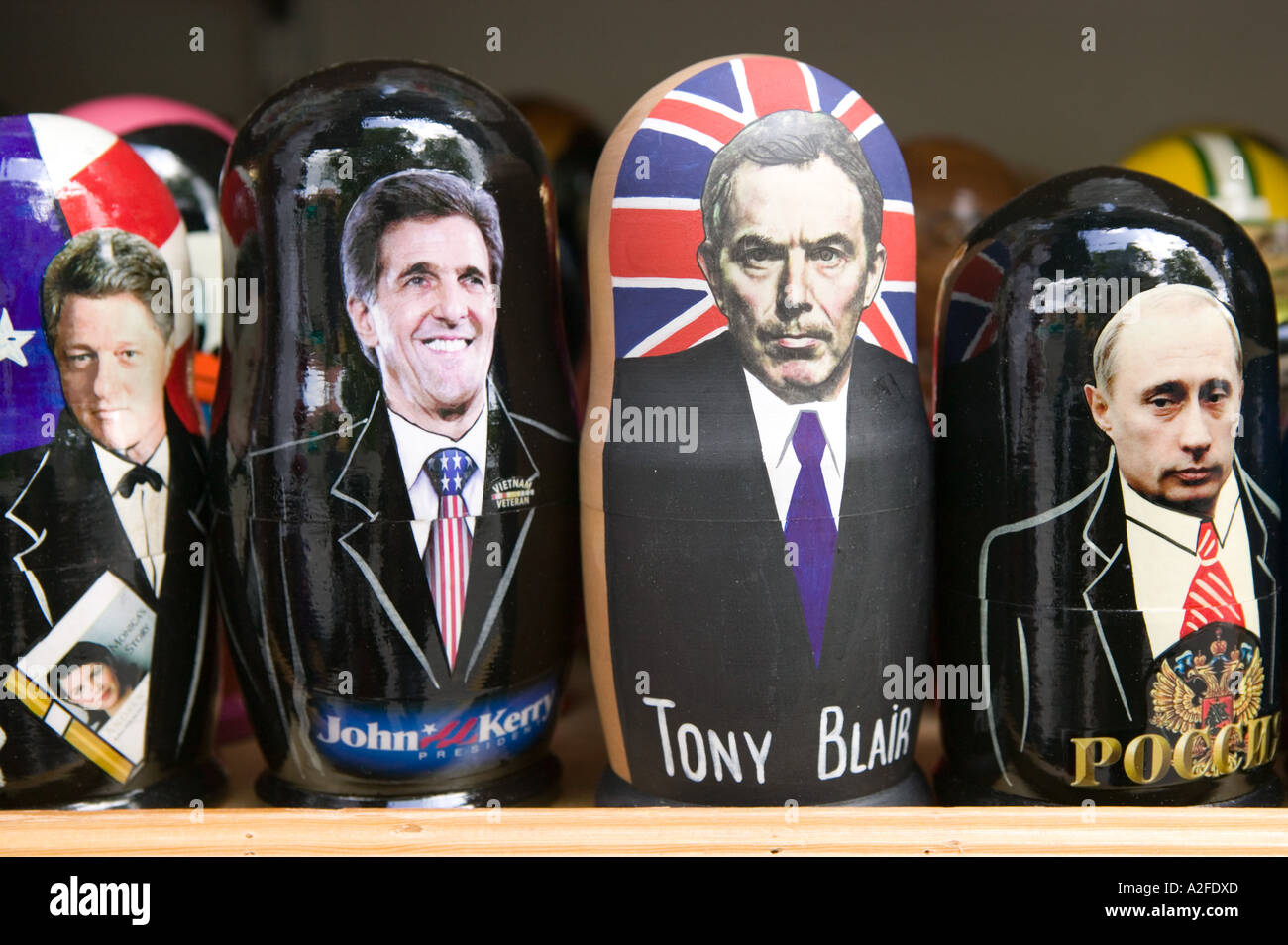 Hungary, Danube Bend, Szentendre: Matrioshka Nesting Dolls: Bill Clinton, John Kerry, Tony Blair, & Vladimir Putin Stock Photo