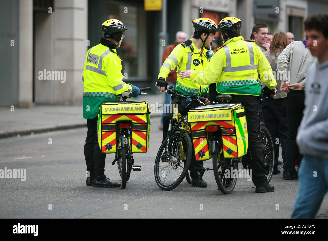 St Johns Ambulance bicycle paramedic team in London UK Stock Photo