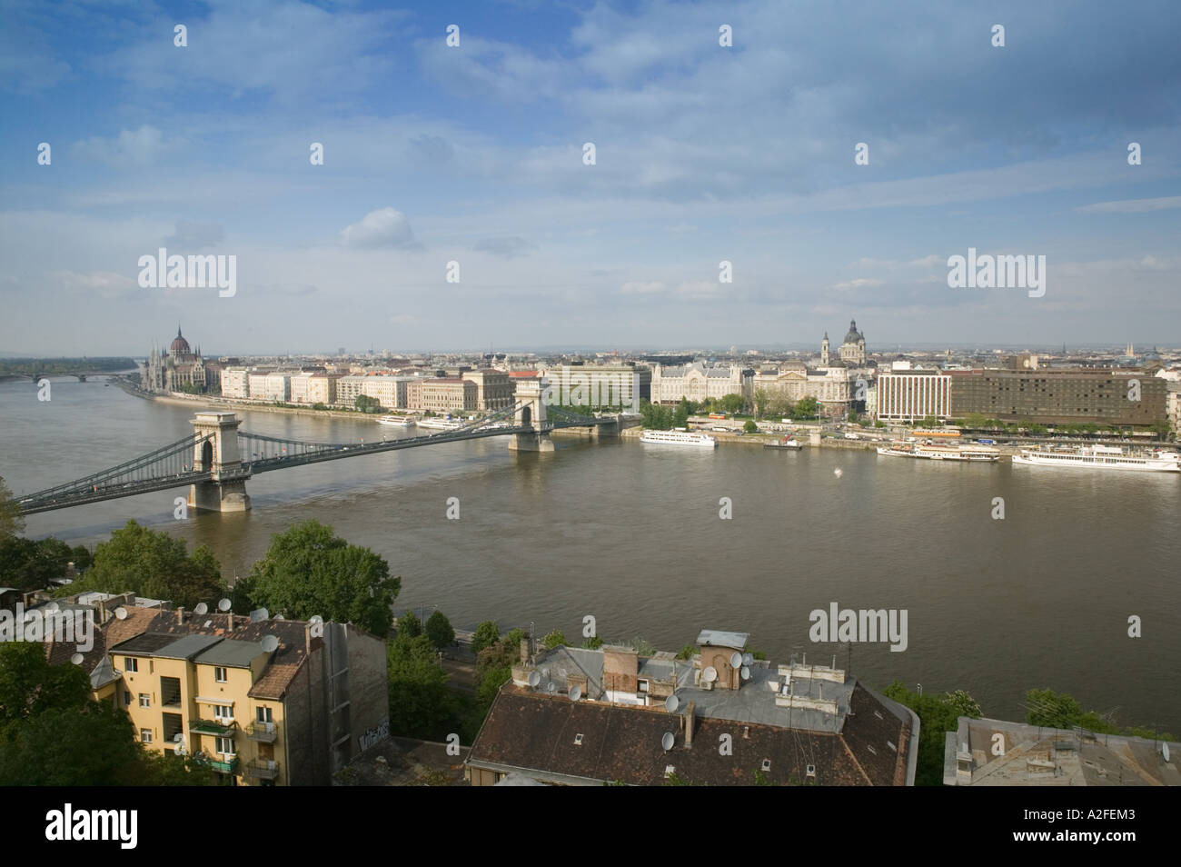 HUNGARY, Budapest: Buda / Castle Hill View of, Danube River , Szechenyi ...