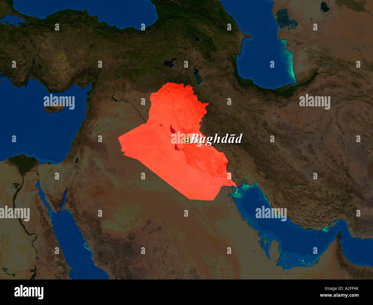 Highlighted Satellite Image Of Iraq With Capital Baghdad Shown Stock Photo