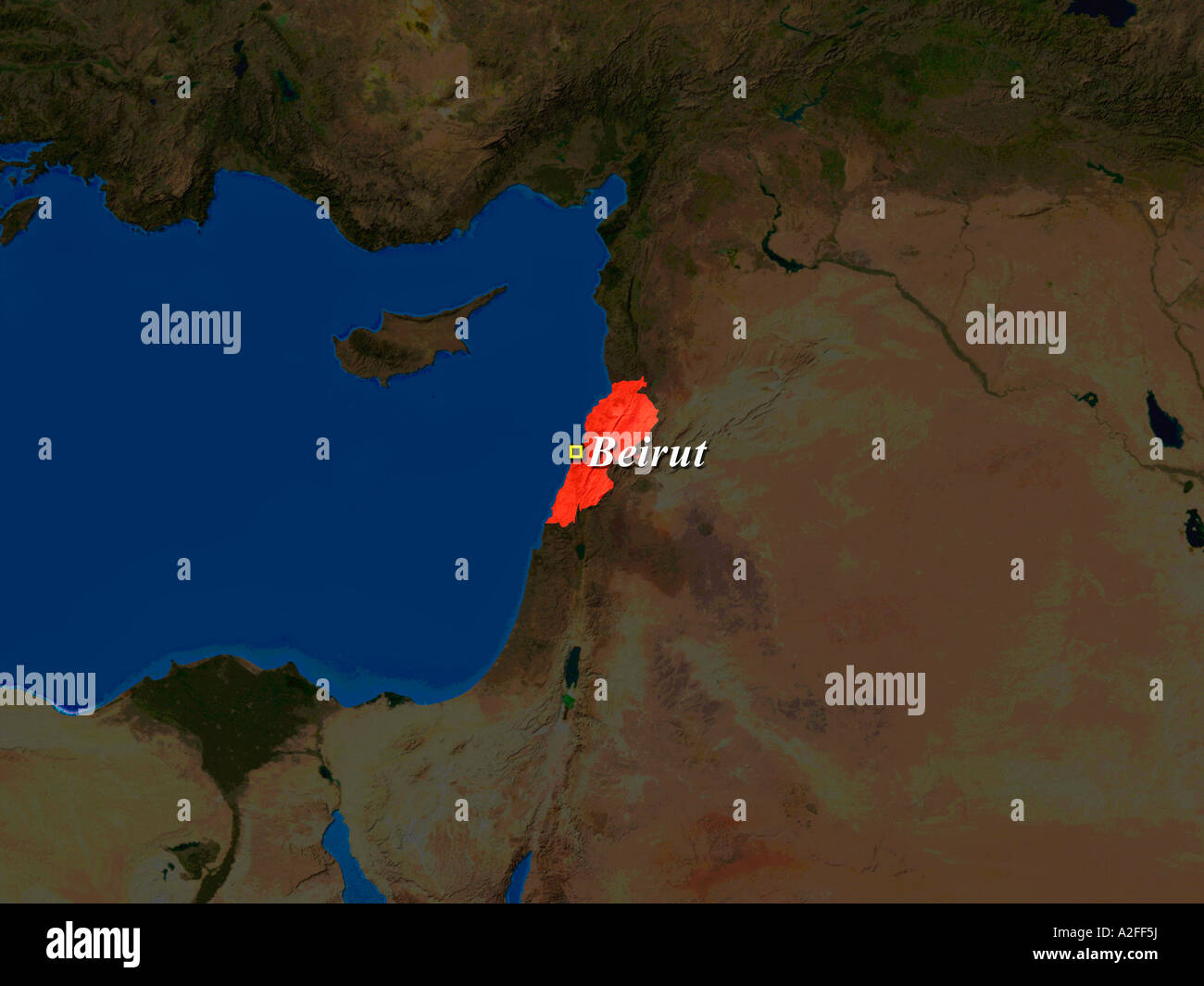Highlighted Satellite Image Of Lebanon With Capital Beirut Shown Stock