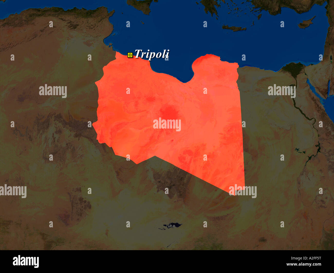Highlighted Satellite Image Of Libya With Capital Tripoli Shown Stock Photo