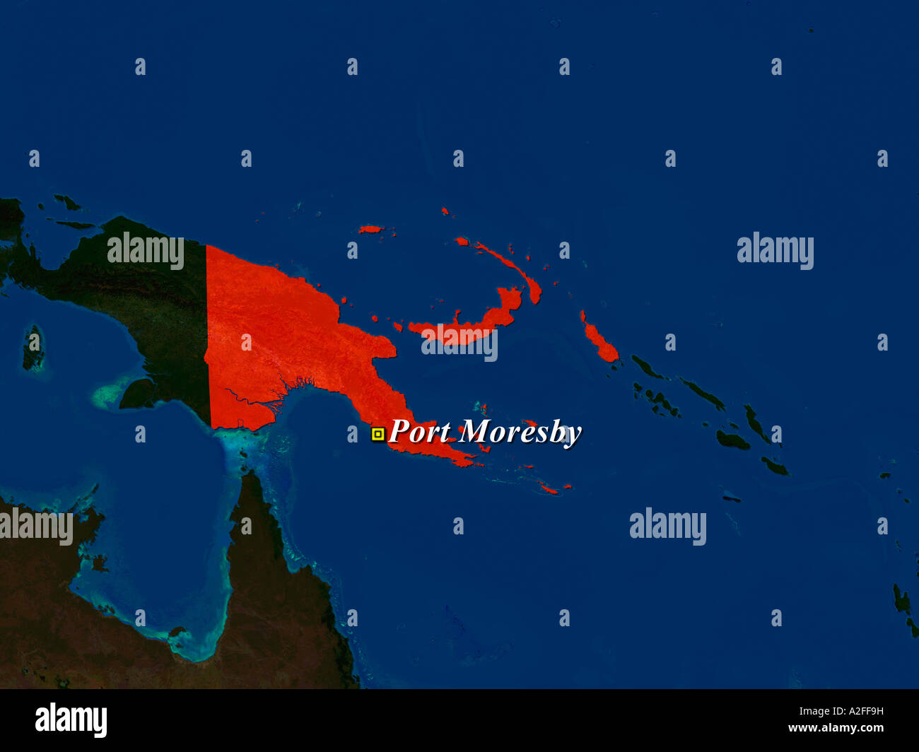 Highlighted Satellite Image Of Papua New Guinea With Capital Port Moresby Shown Stock Photo