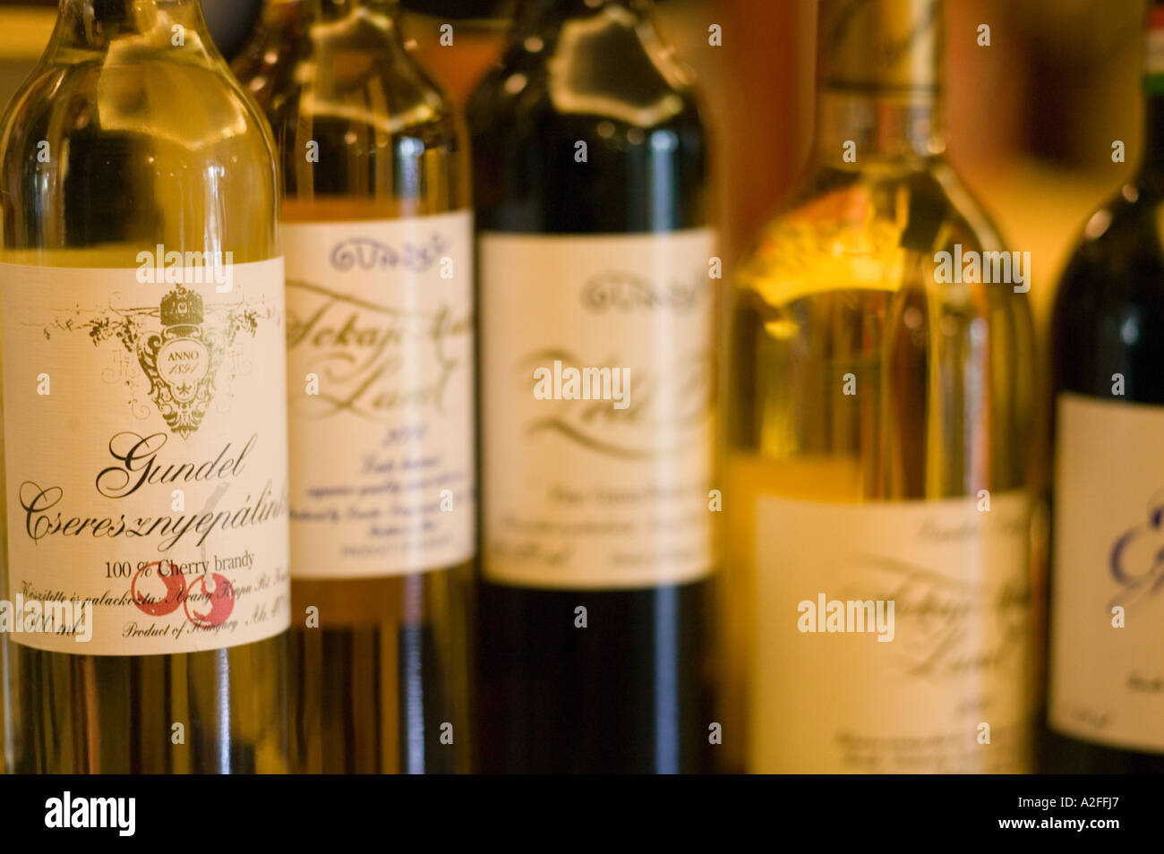 HUNGARY, Budapest: Varosliget / City Park, Custom Wine Bottles at Gundel Most famous restaurant in Budapest Stock Photo