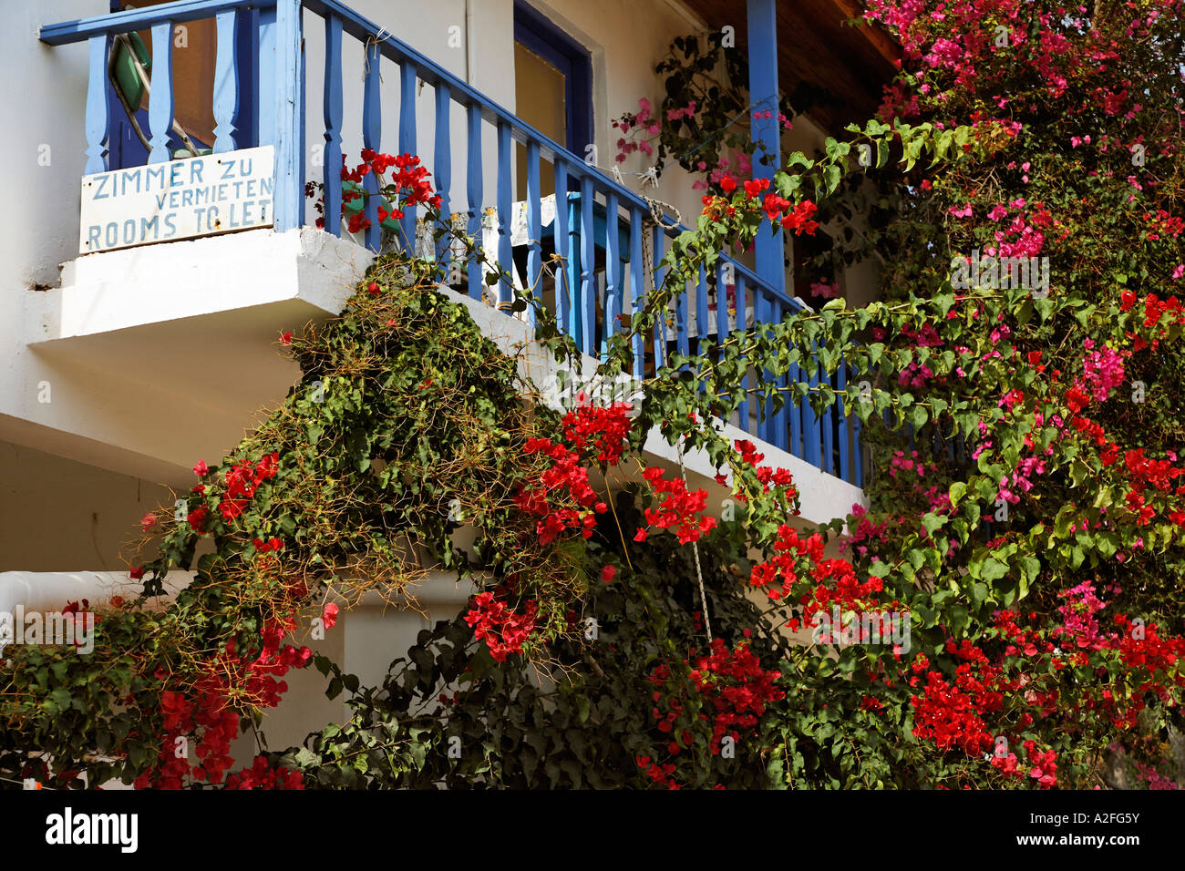 Balcony and bougainvillea, Zimmer zu vermieten Rooms to let, Mochlos, Eastern Crete, Greece Stock Photo