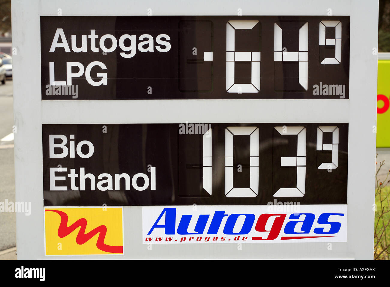 Fuel prices on a filling station with 'Bio-Ethanol' and 'liquified petroleum gas' Stock Photo