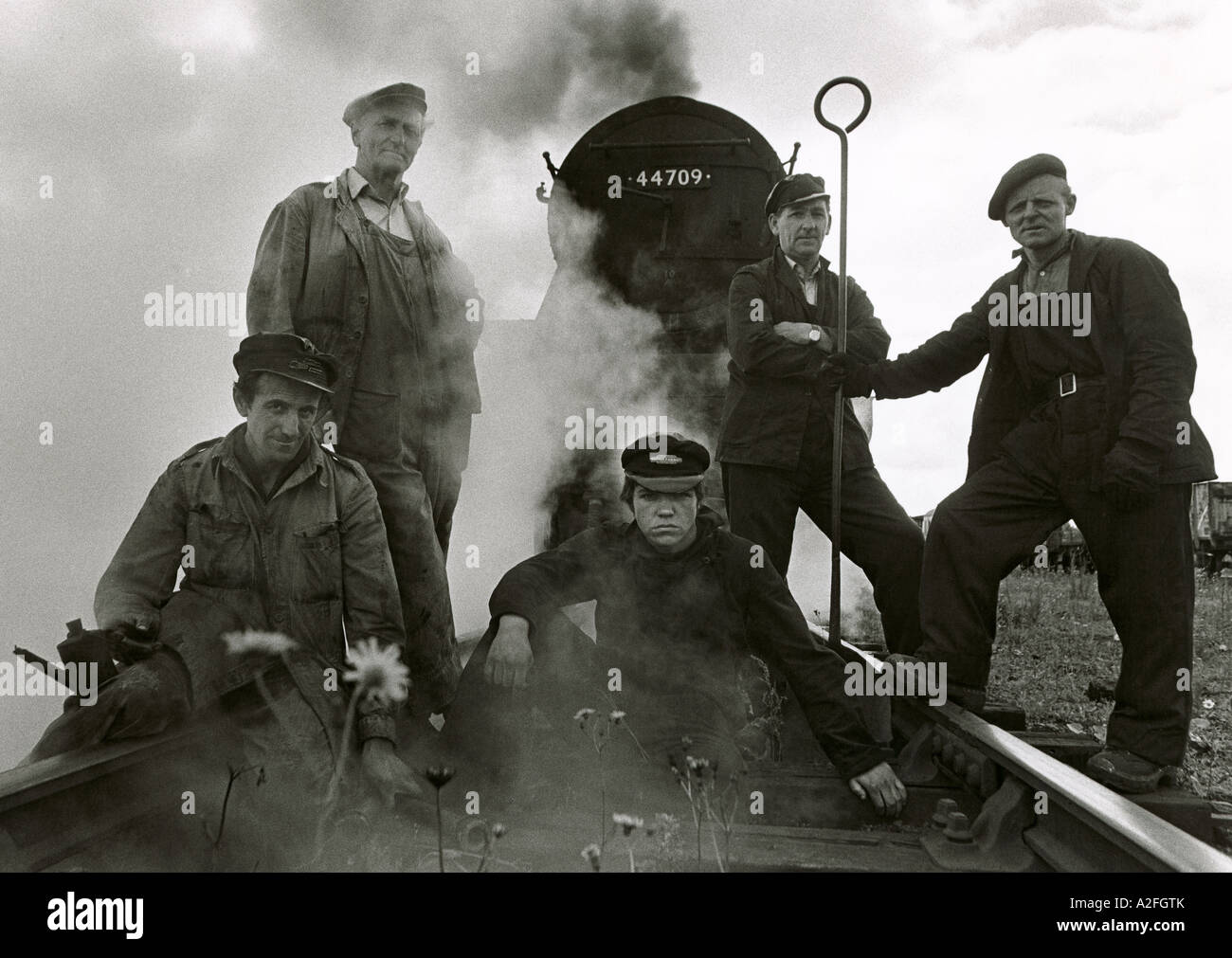 Five railwaymen whose jobs disappeared with the end of steam locomotives photographed in last week of steam railways in 1968 Stock Photo