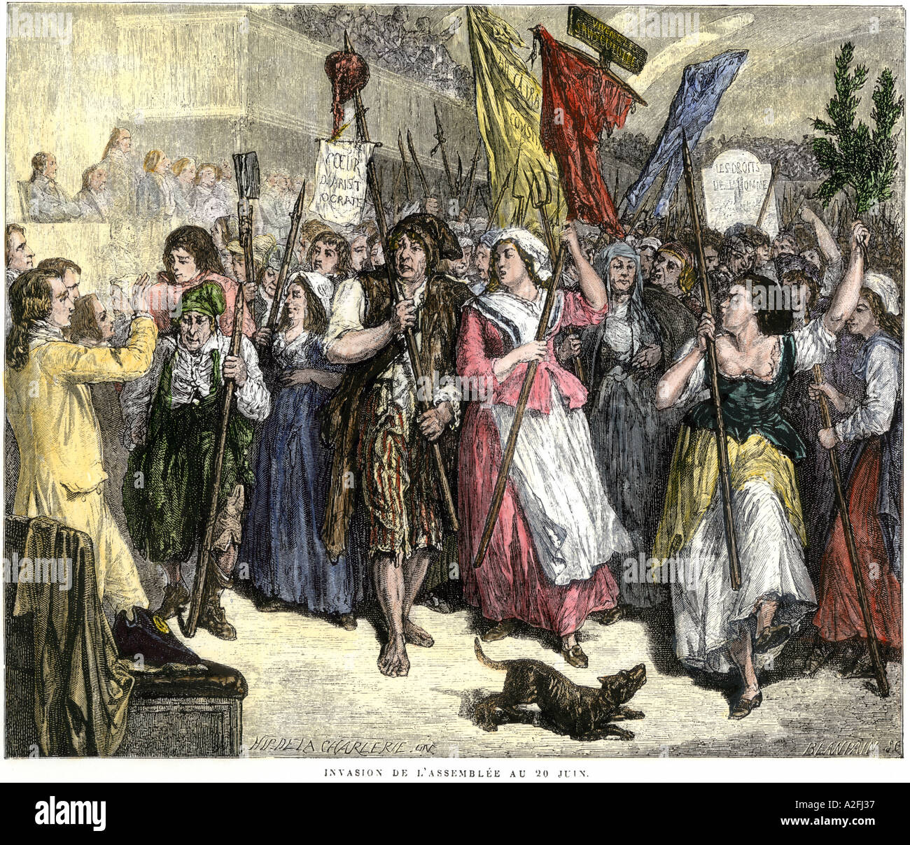 Parisians invasion of the Assembly during the French Revolution. Hand-colored woodcut Stock Photo